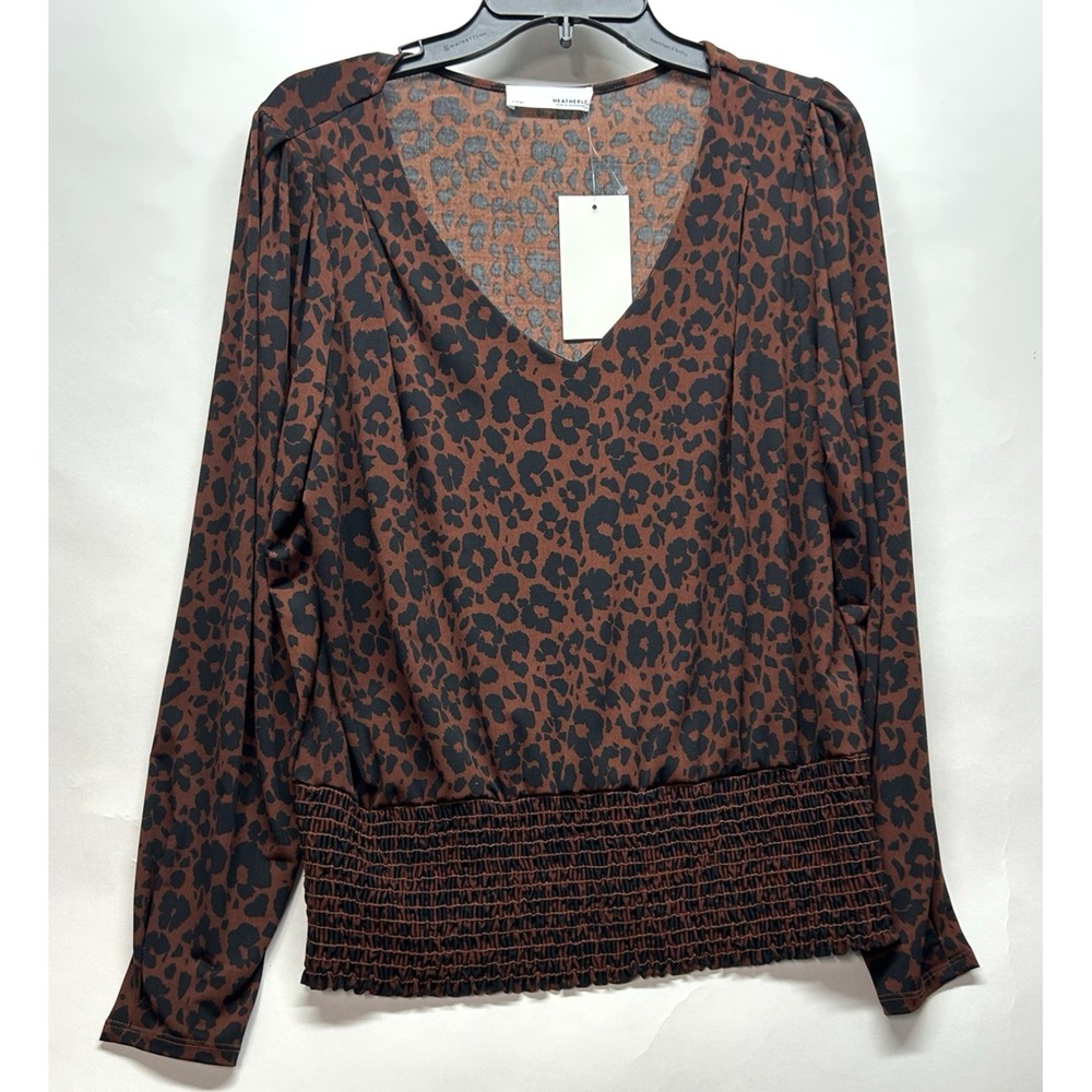 Heatherly Womens Smocked Hem Knit Top Brown Animal Print Long Sleeve XL (B8)